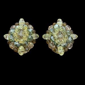Vintage Liz Claiborne Beaded French Clip Earrings Signed LCI Yellow Pink Gray
